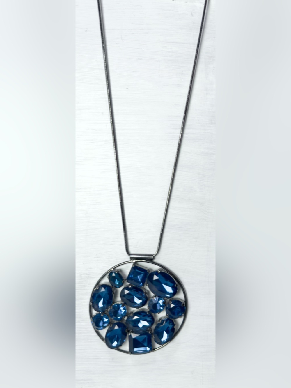 Blue rhinestones in round pendant statement necklace 24” Women’s costume jewelry